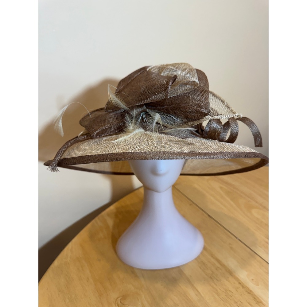 Something Special Brown Tan Sinamay Straw Wide Brim Feather Bow Fascinator Hat